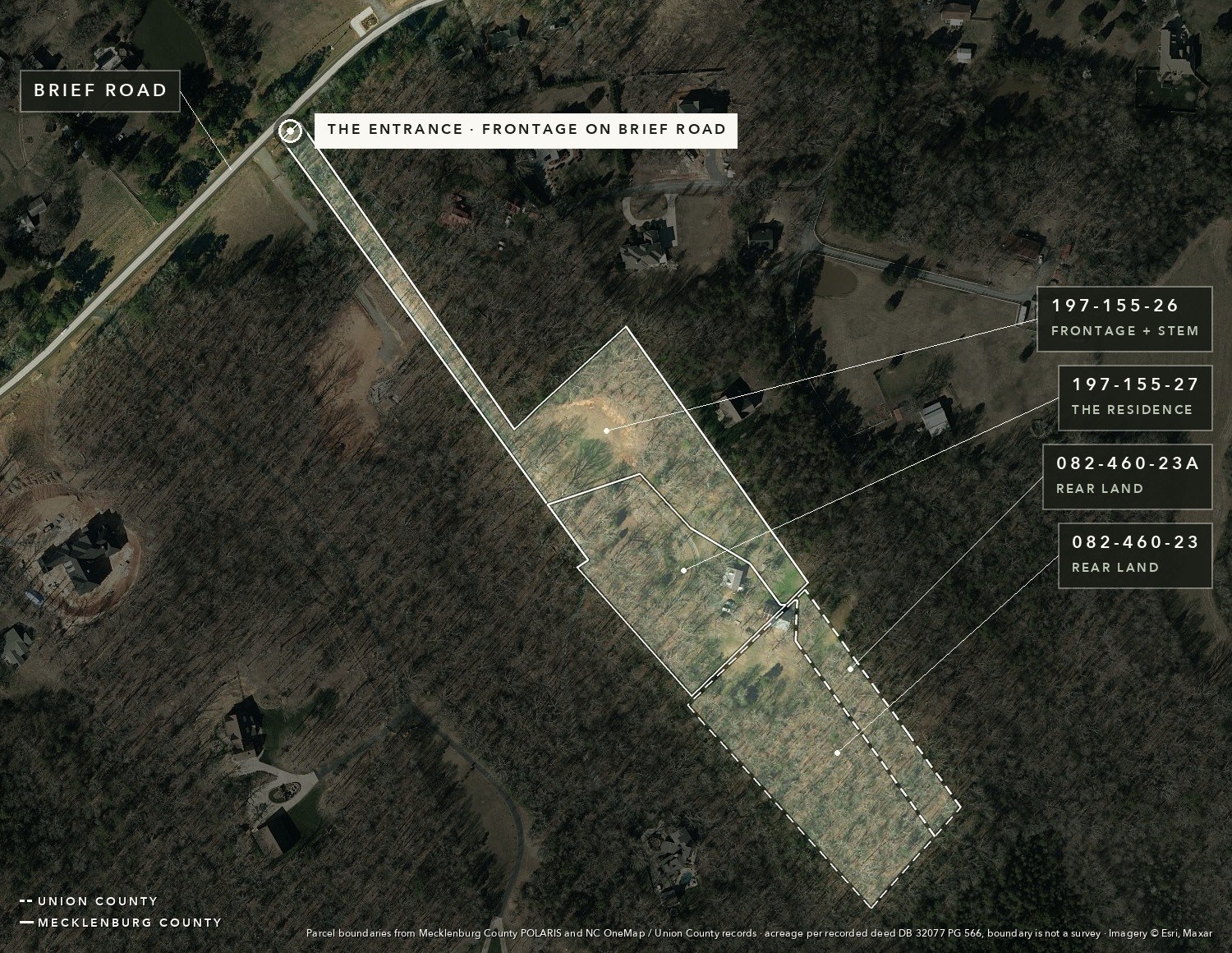 Aerial of 11626 Brief Road showing the four recorded parcels, Brief Road, and the entrance