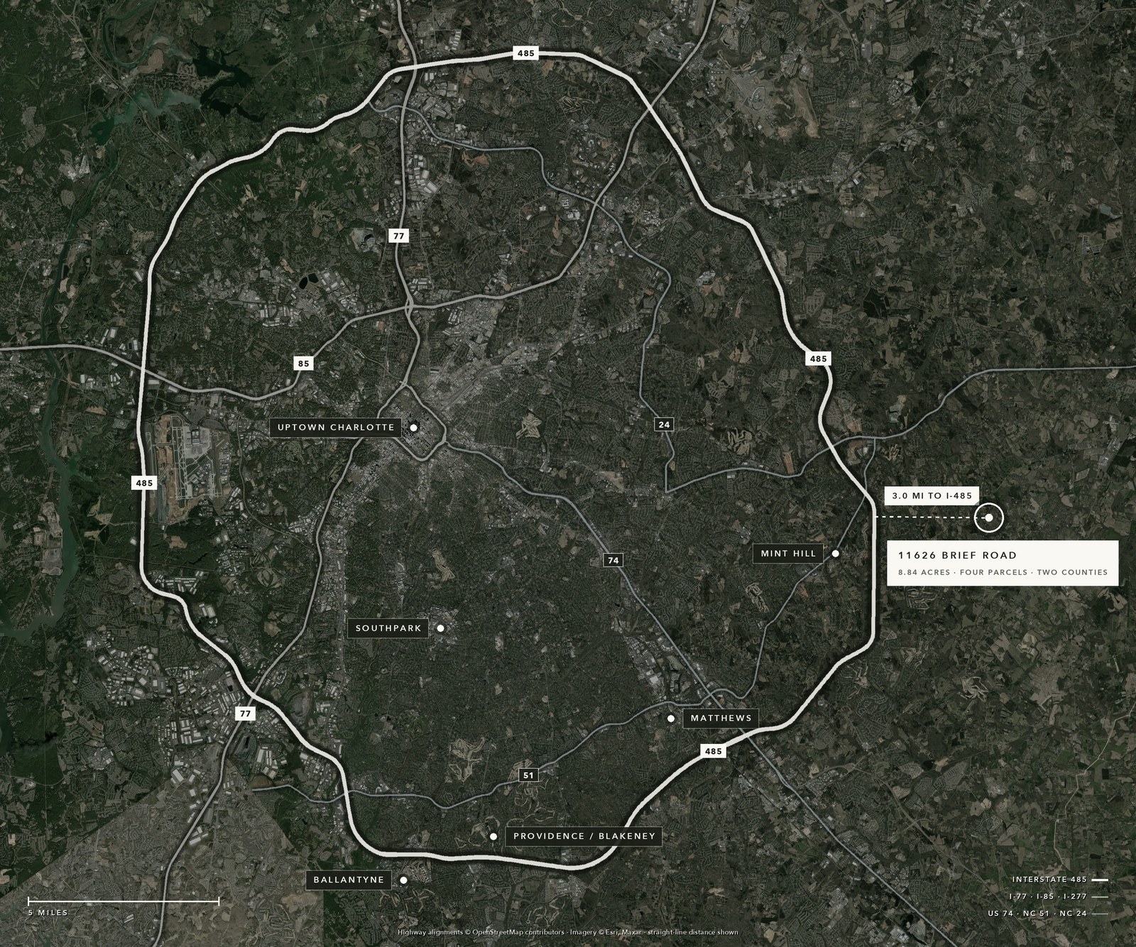 Regional map showing 11626 Brief Road three miles east of the I-485 loop, with Uptown Charlotte, SouthPark, Ballantyne, Providence/Blakeney, Matthews and Mint Hill